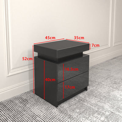 Modern Black LED Nightstand with Led Lights Bedside table with 2 High Gloss Drawers for Bedroom - Korvel