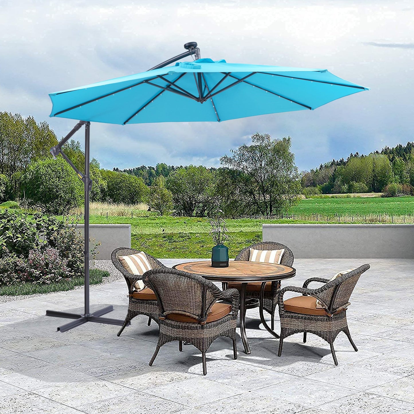 10 FT Solar LED Patio Outdoor Umbrella Hanging Cantilever Umbrella Offset Umbrella Easy Open Adustment with 32 LED Lights - Korvel