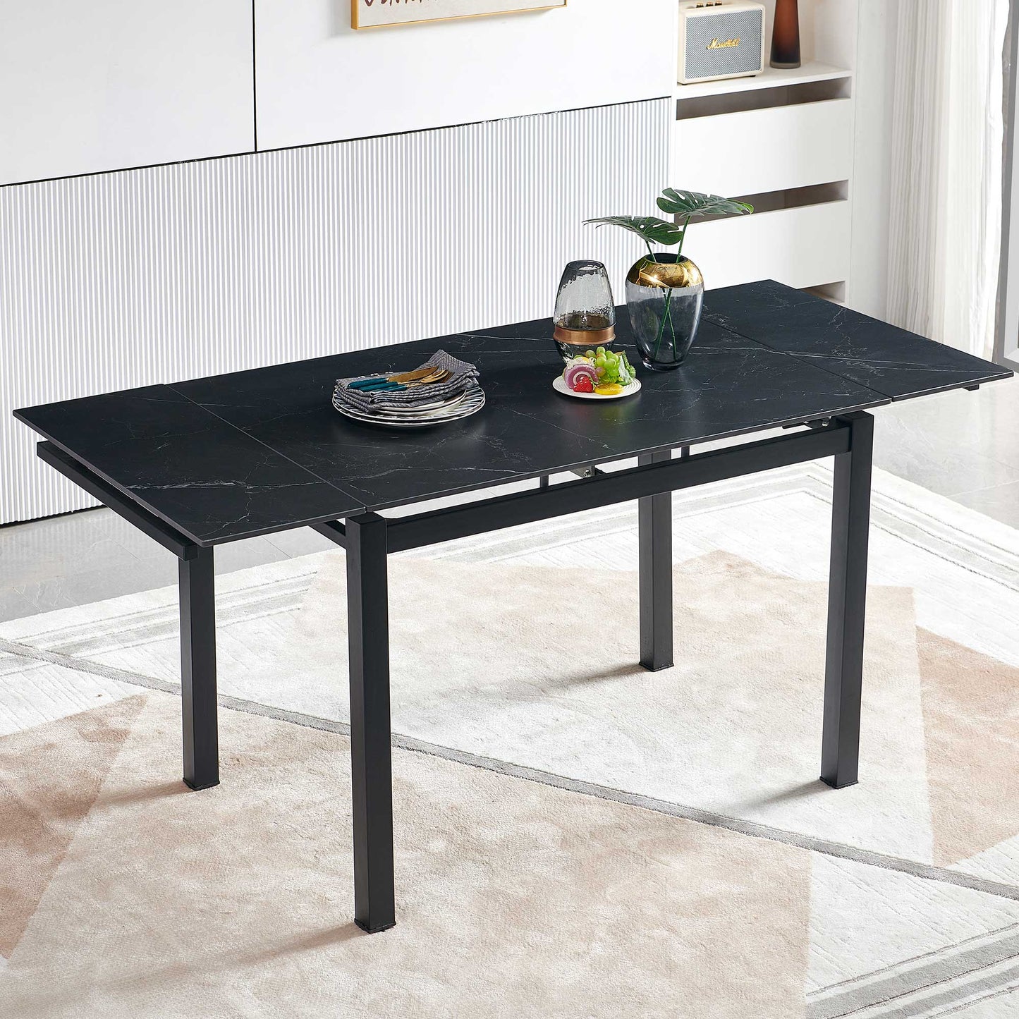 Black Ceramic Expandable Dining Room Table for Small Spaces