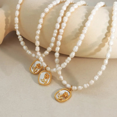 French Baroque freshwater pearl chain oval plate inlaid with zircon colored shell relief flower necklace - Korvel