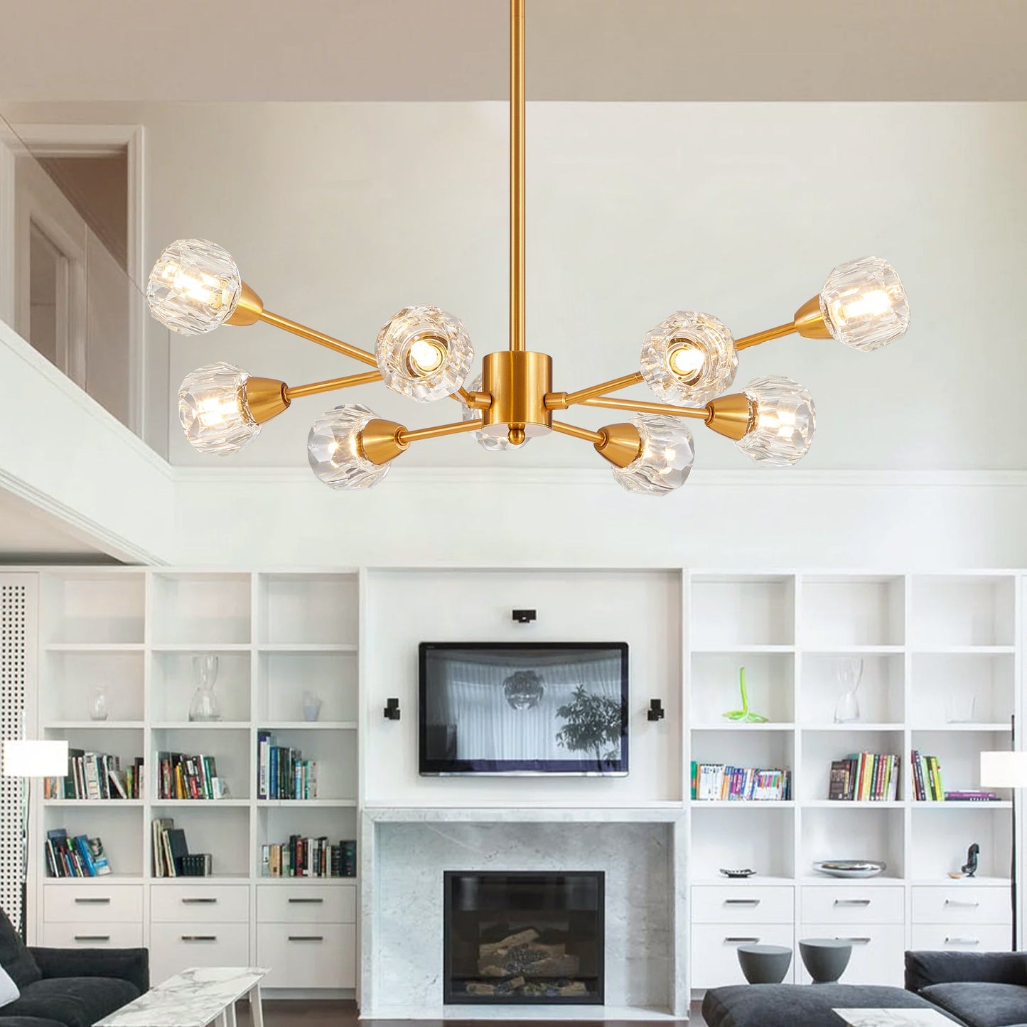 Modern Crystal Chandeliers, 9 Lights Golden Chandelier for Living Room Bedroom (Bulbs Not Included) - Korvel