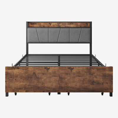 Full Size Bed Frame Storage Headboard with Charging Station and 2 Storage Drawers Vintage Brown and Gray - Korvel