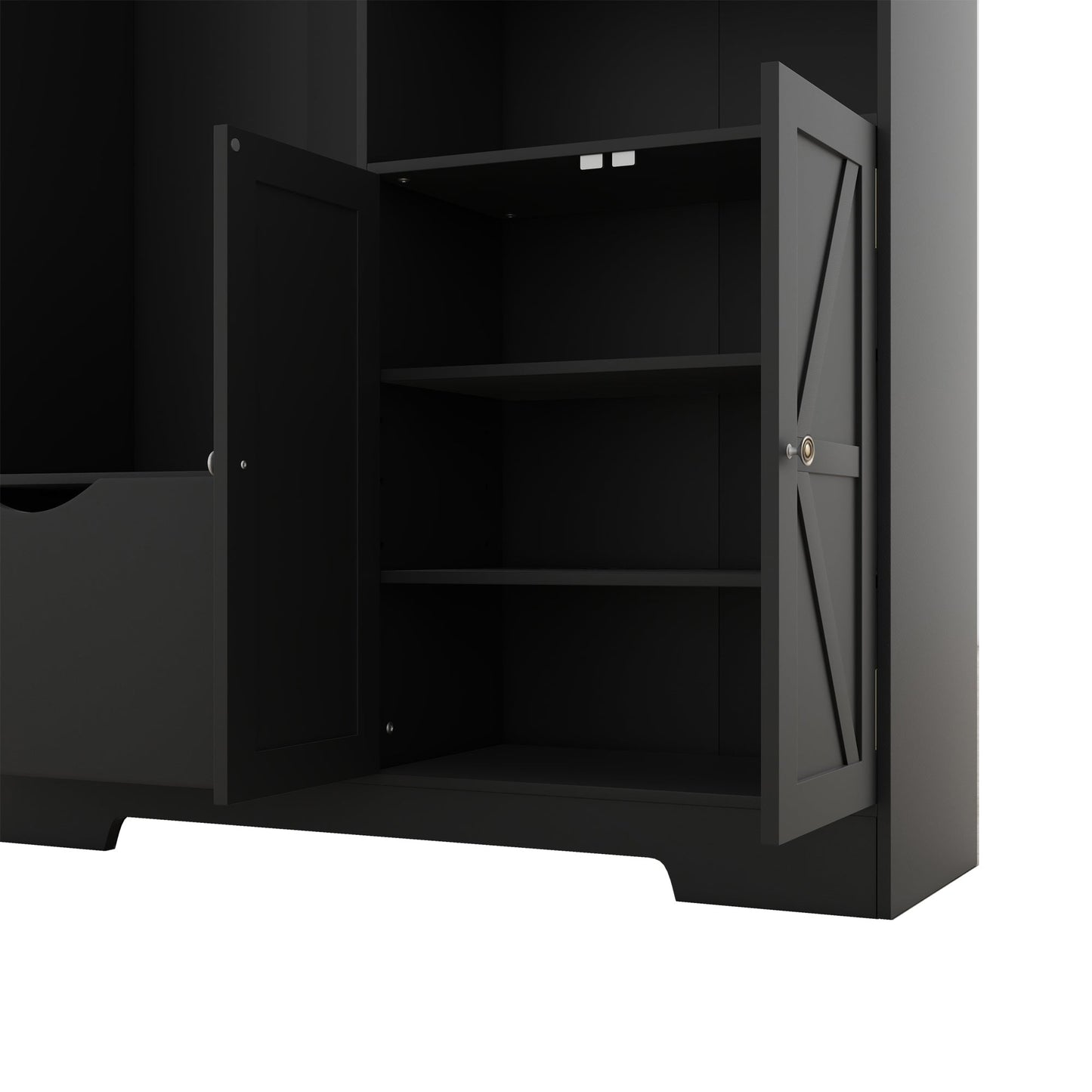 Multi-functional Hall Tree with Storage Shelves Drawers and Cabinet, Elegant Hallway Shoe Cabinet with Bench Modern Black - Korvel