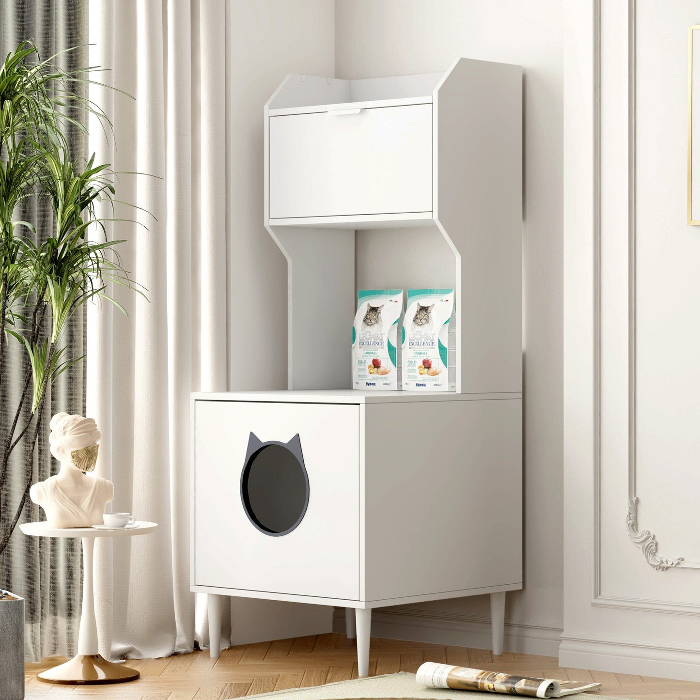 White wooden hidden cat trash can with rack and trash can shell, indoor cat house pet box, storage cabinet - Korvel