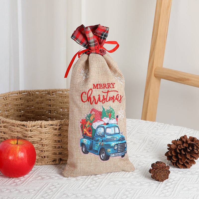 Christmas gift bag, letter printed Santa Claus home decoration, plaid linen red wine set - Korvel