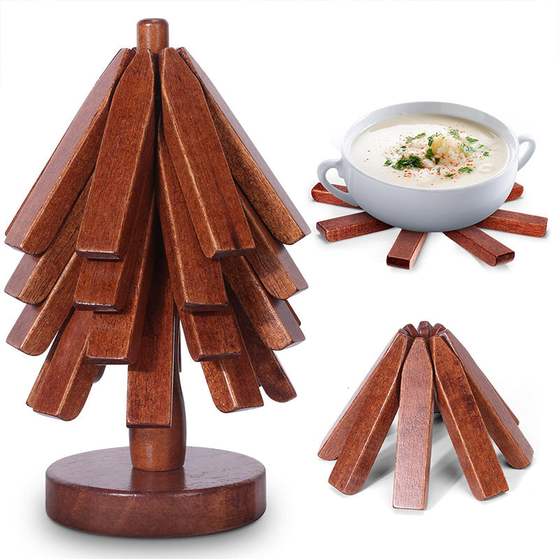 Ensemble de dessous de plat en bois en forme d'arbre avec support - 4 pièces