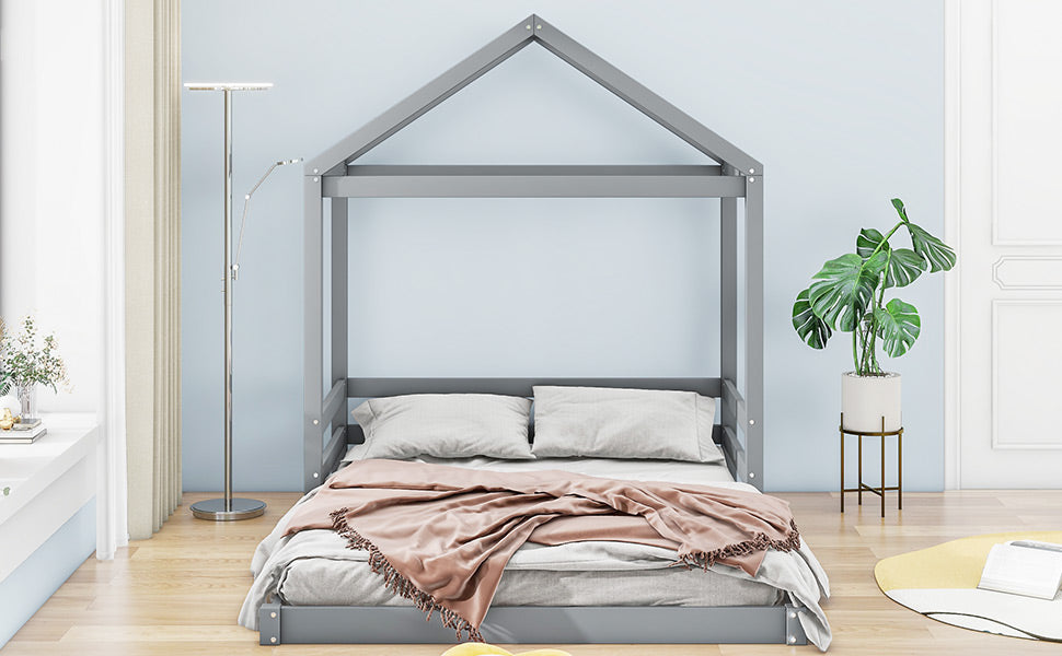 Wood Full Size House Bed with Guardrail, Grey - Korvel