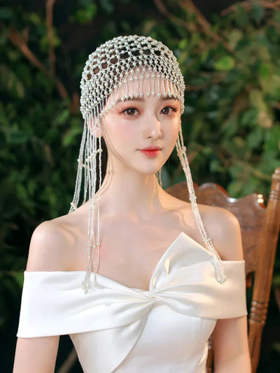 Handmade hollowed out headpiece performance pearl tassel hat - Korvel