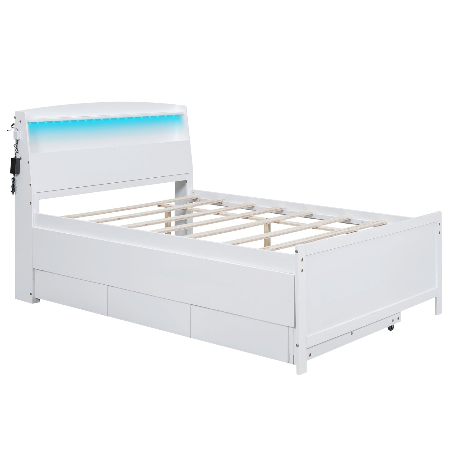 Full Size Platform Bed with Storage LED Headboard Twin Size Trundle and 3 Drawers White - Korvel
