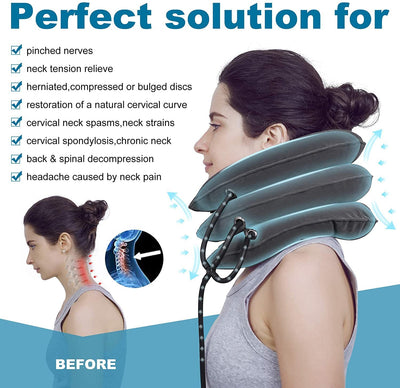 Cervical Traction Device Neck Support Pillow Inflatable Adjustable Neck Stretcher Three-Layer Inflatable Neck Pillow - Korvel