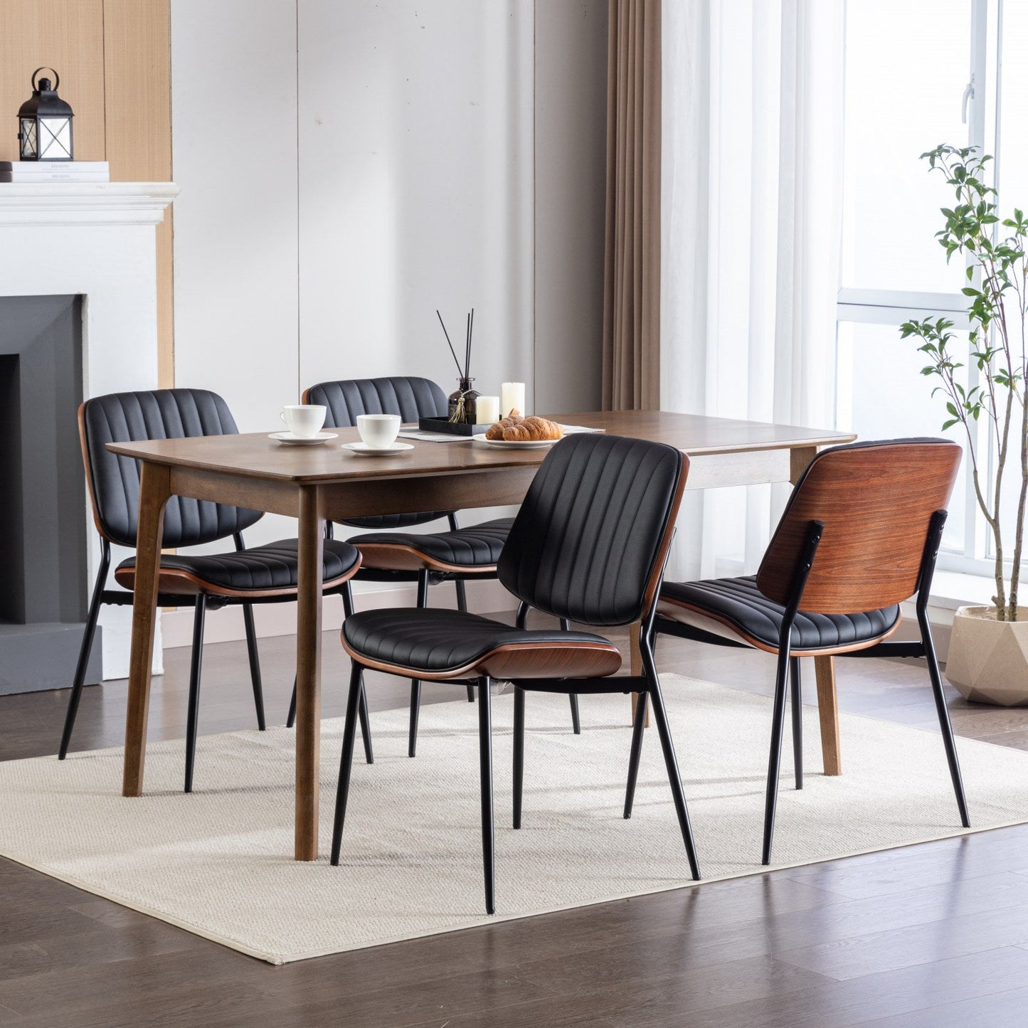 2-piece retro linen chair set with curved wooden backrest, cushioned seat, adjustable metal legs, (Black PU) - Korvel