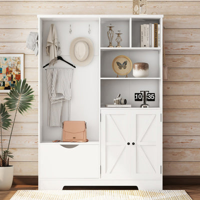 Multi-functional Hall Tree with Storage Shelves Drawers Cabinet Elegant Hallway Shoe Cabinet with Bench Modern Coat Rack White - Korvel