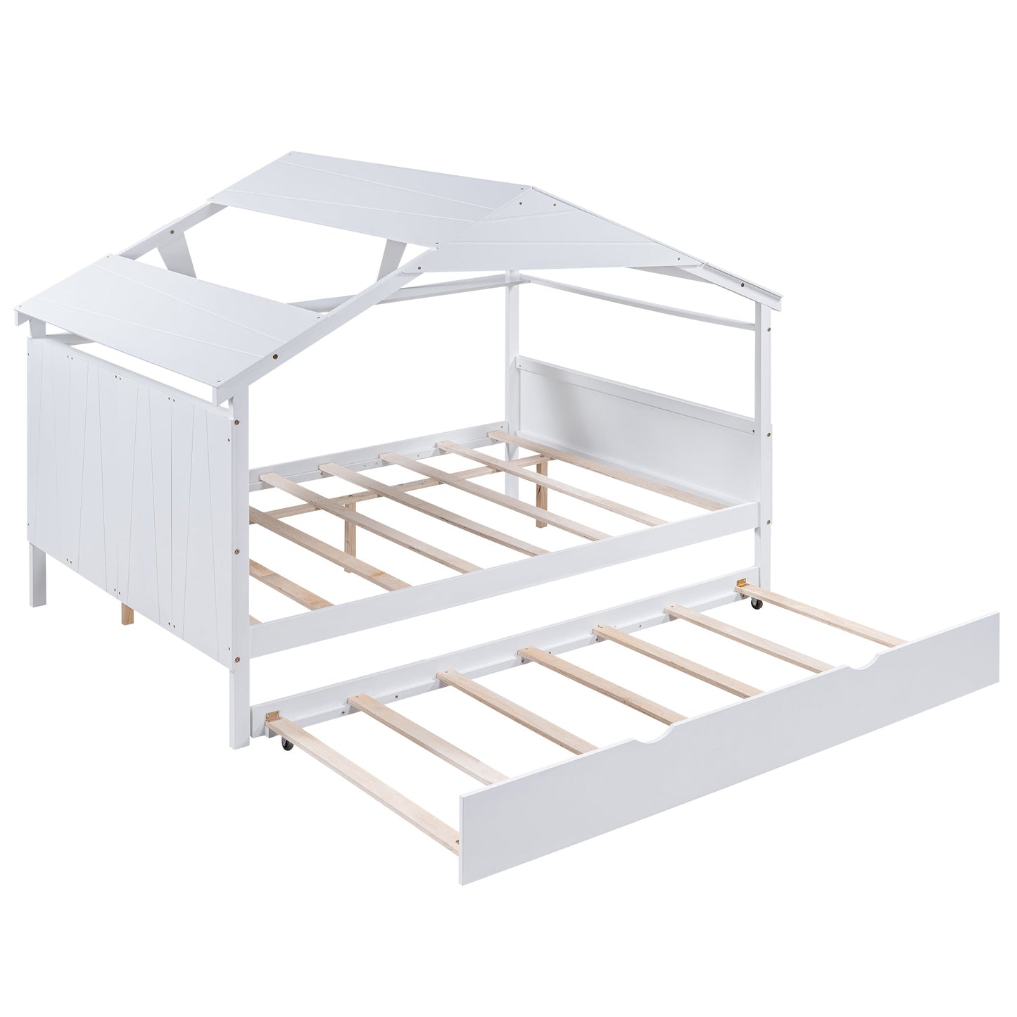 Wood Full Size House Bed with Twin Size Trundle and Storage White - Korvel