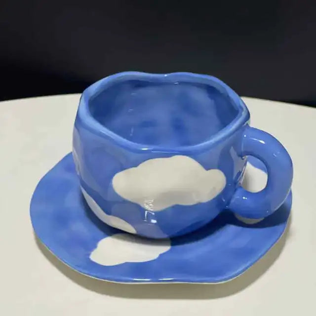 Hand Painted Blue Sky White Clouds Coffee Mug with Saucer Ceramic Handmade Tea Cup Saucer Set Lovely Gift Irregular Coffee Mug - Korvel