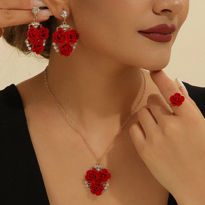 4pcs/Set Romantic Lovely Red Rose Flower Inlaid Rhinestone Pendant Necklaces+Dangle Earrings+Ring,For Women Valentine'S Day Gift - Korvel