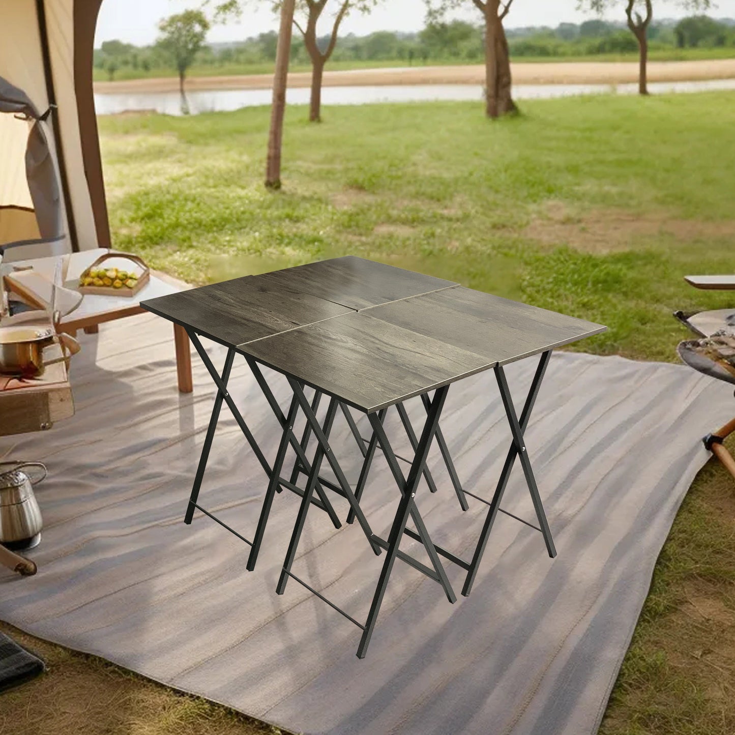 Folding office desk TV tray table set of 4 TV trays with storage rack wooden folding TV tray foldable snack table, rural gray - Korvel