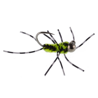 Premium Tungsten Bead Barbless Pat's Barred Rubber Legs Nymphs - Black/Chartreuse - Set of 6 Size 6 Flies - Korvel