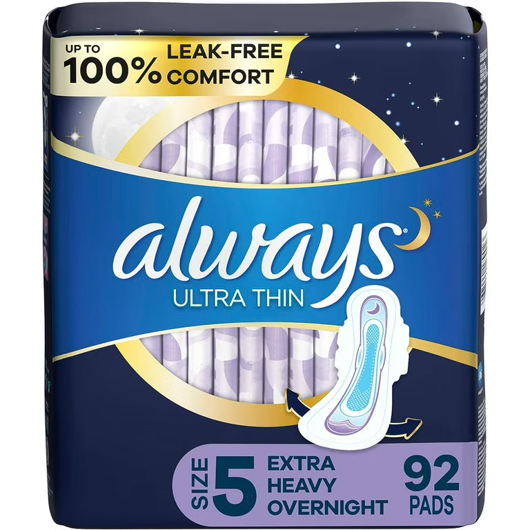 Always Ultra Thin Overnight Extra Heavy Flow Pads with Wings - 92 Count