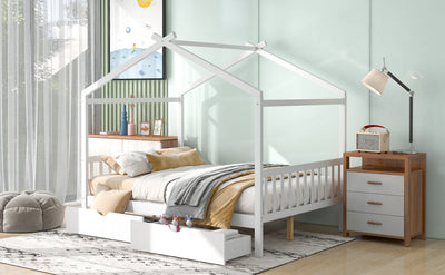 Full Size House Platform Bed with Two Drawers Headboard and Footboard,Roof Design White - Korvel