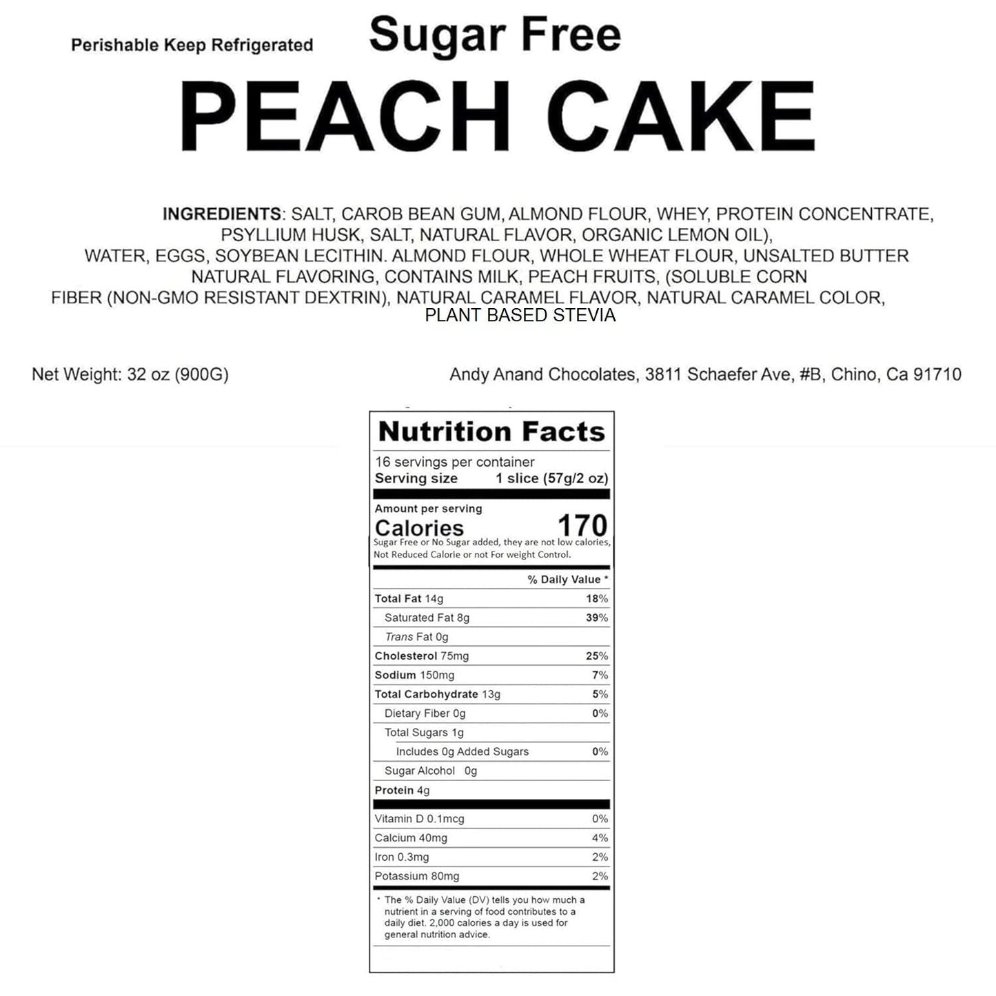 Andy Anand Sugar Free Peach Cake 9" - Delightful Dessert for Diabetics
