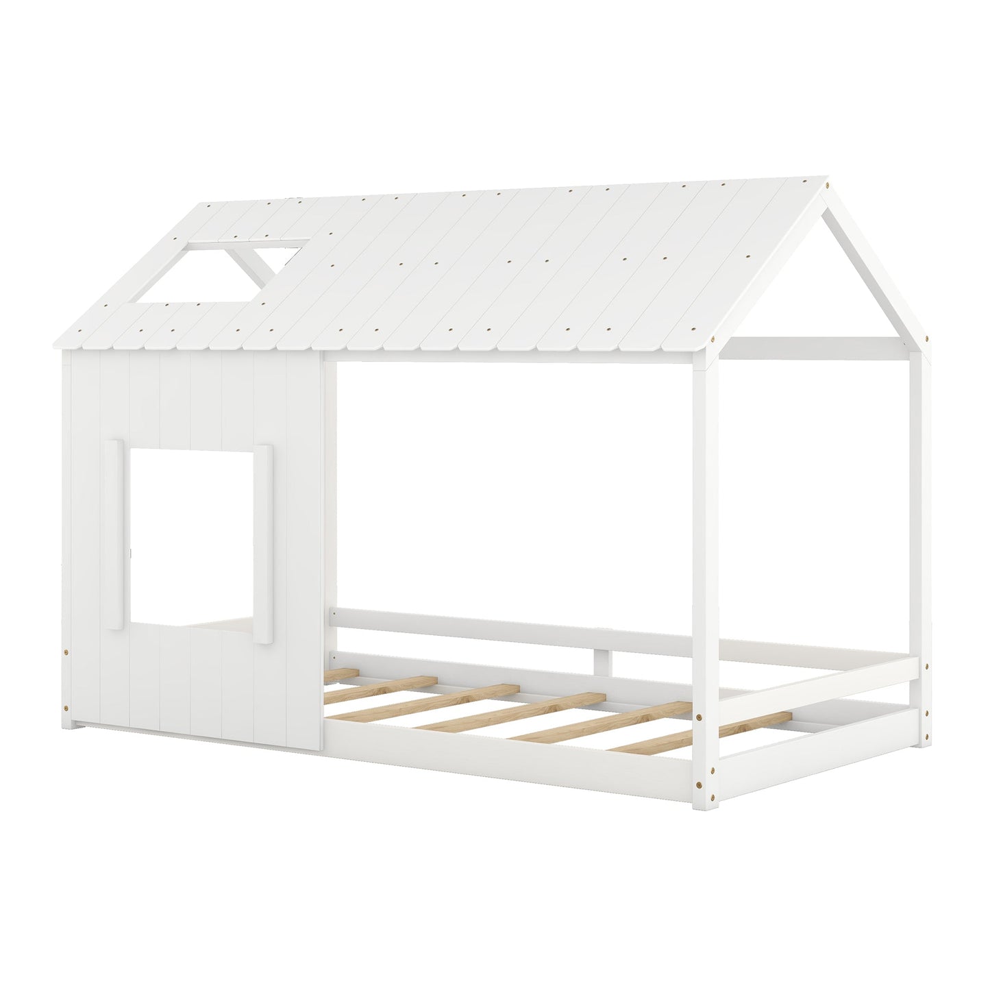 Twin Size House Bed with Roof and Window - White - Korvel