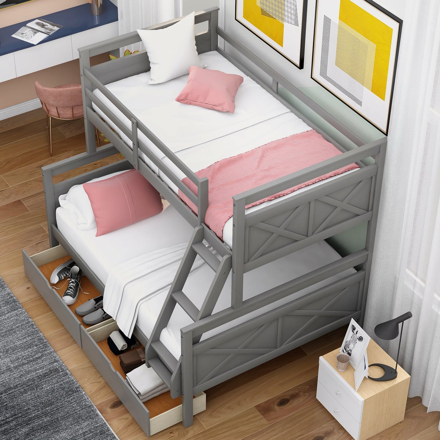 Twin over Full Bunk Bed with Ladder Two Storage Drawers Safety Guardrail Gray - Korvel