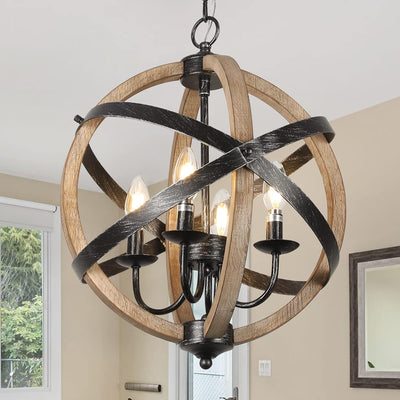 Farmhouse Chandelier Light Fixtures 4-Light Dining Room Light Fixtures Height Adjustable Rustic Wood Light - Korvel