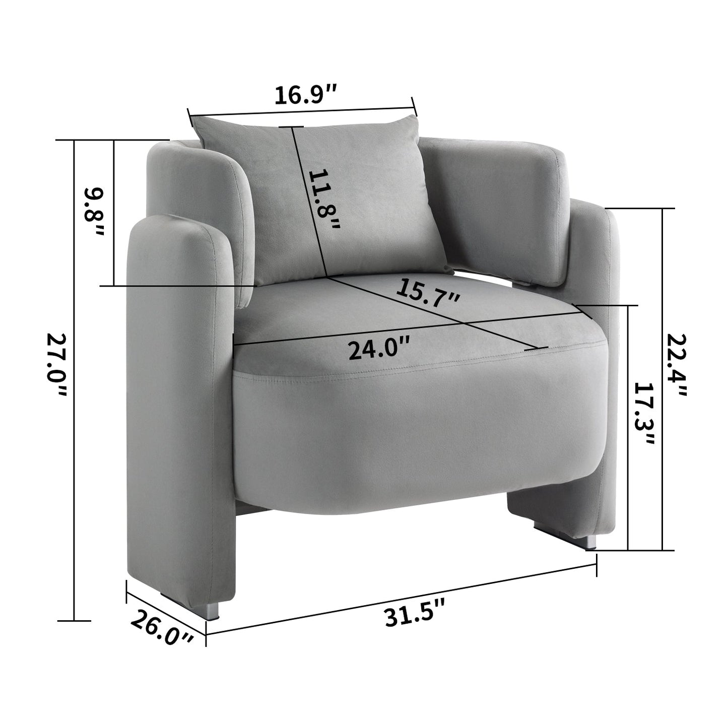 Modern design velvet lounge chair,single sofa with pillows for living room,bedroom(GREY) - Korvel