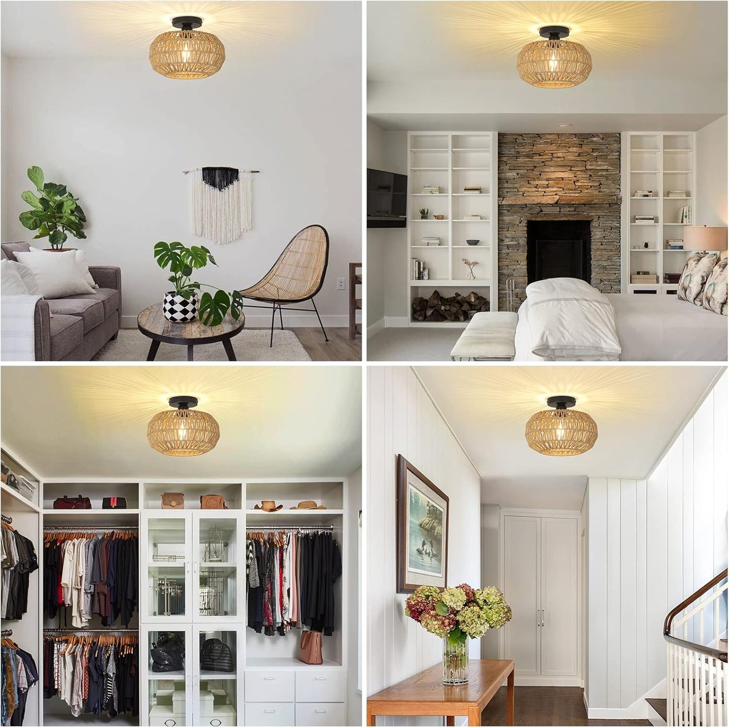 Rattan Light Fixtures Ceiling Mount,Boho Ceiling Light Fixture with Dimmable LED Bulb Mini Hand Woven Rattan - Korvel