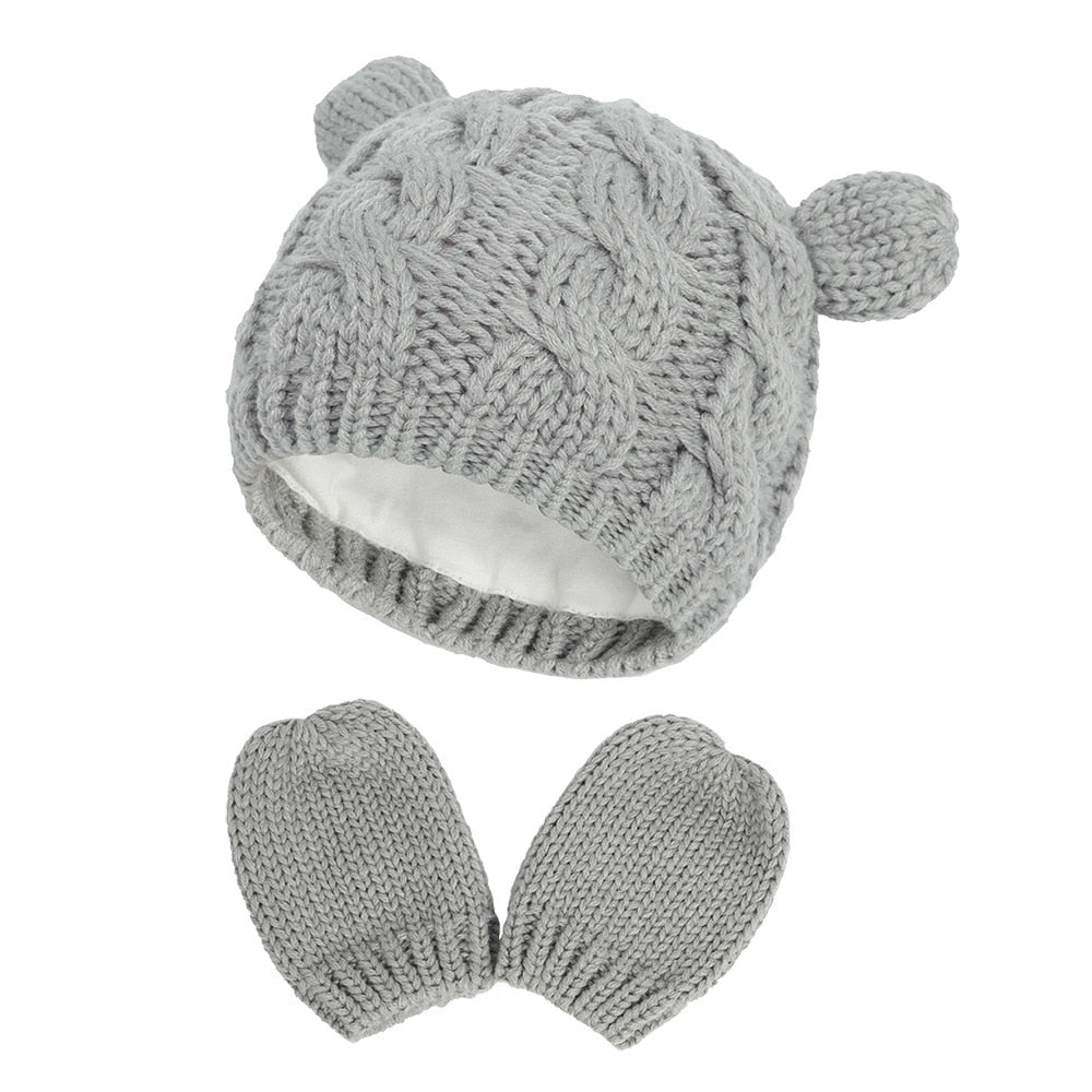 New Baby Kids Girls Boys Winter Warm Knit Hat Ear Solid Warm Cute Glove 2pcs Lovely Beanie Cap 0-18M - Korvel