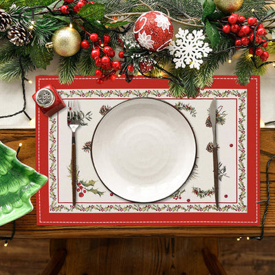 Christmas tree bell print placemat red striped plaid linen table mat Christmas party decoration insulation mat - Korvel