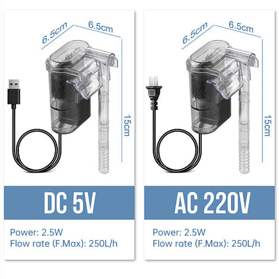 New USB - powered hanging aquarium filter, 2.5W, 250L/H. Ideal for aquariums under 30cm. Mini size. - Korvel
