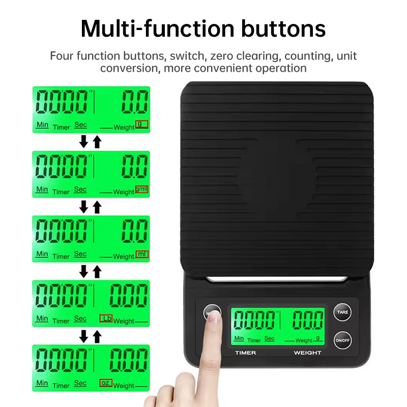 Digital kitchen coffee scale with timer, high - precision LCD, 5kg/0.1g - Korvel