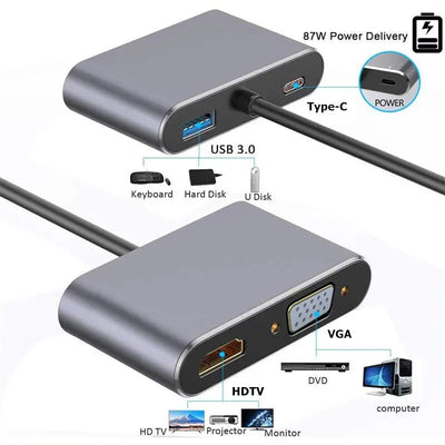 USB C Hub 4 in 1 Type C 3.0 Adapter with 4K HDMI & VGA