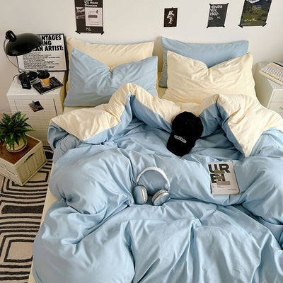 Washed Cotton Solid Color Double Spliced Four-Piece Bedding Set - Sheet, Quilt Cover, Pillowcases for Employee and Dormitory Use - Korvel
