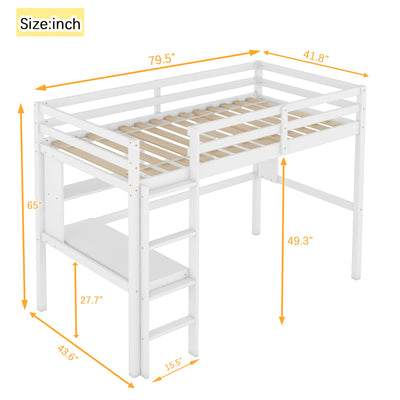 Twin Loft Bed with built-in desk and bookcase of three compartments, Guardrails and Ladder,White - Korvel