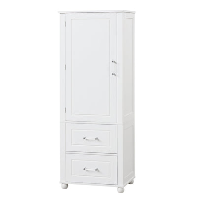 Tall bathroom storage cabinet with two drawers and adjustable shelves for independent storage - Korvel