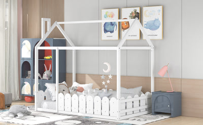 Twin Size Wood House Bed Frame with Fence for Kids - White