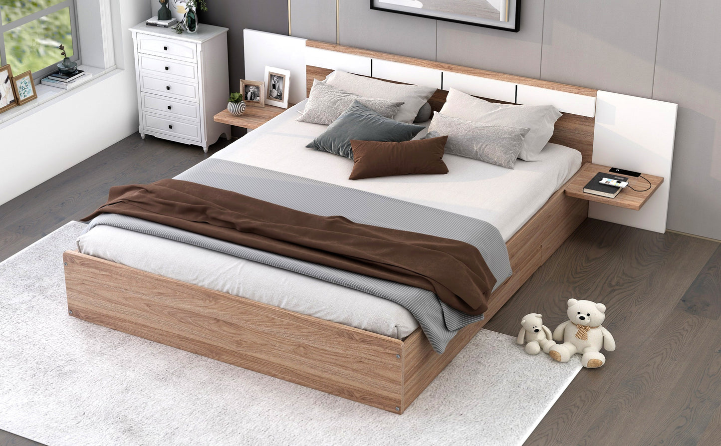 Queen Size Platform Bed with Headboard and Storage, Natural