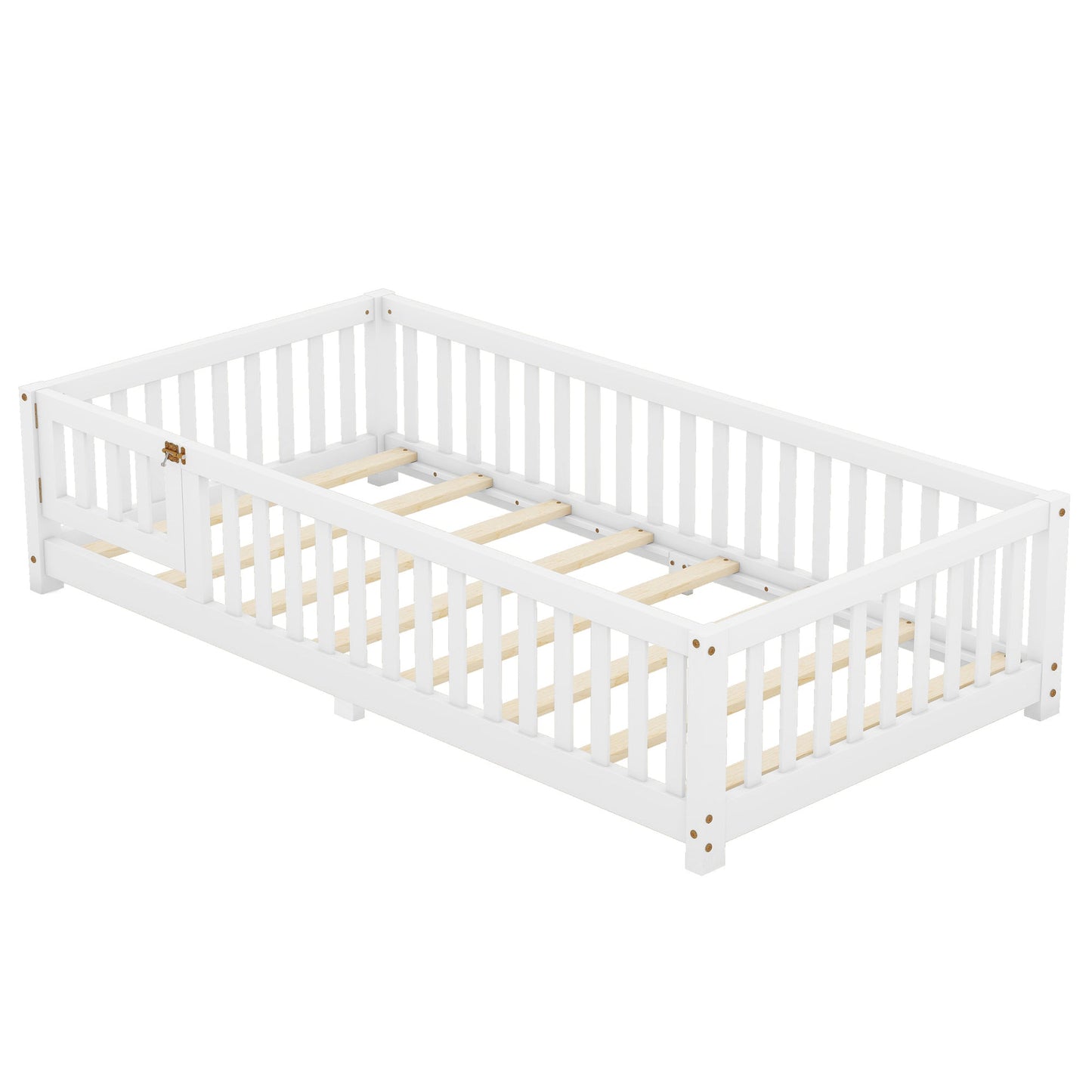 Twin Size Bed Floor Bed with Safety Guardrails and Door for Kids, White - Korvel