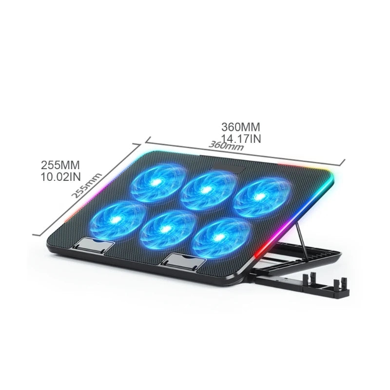 New Laptop Cooler Laptop Cooling Pad Notebook Gaming Cooler Stand with 6 LED Fan 2 USB Ports Phone Holder for 15.6in Laptop - Korvel