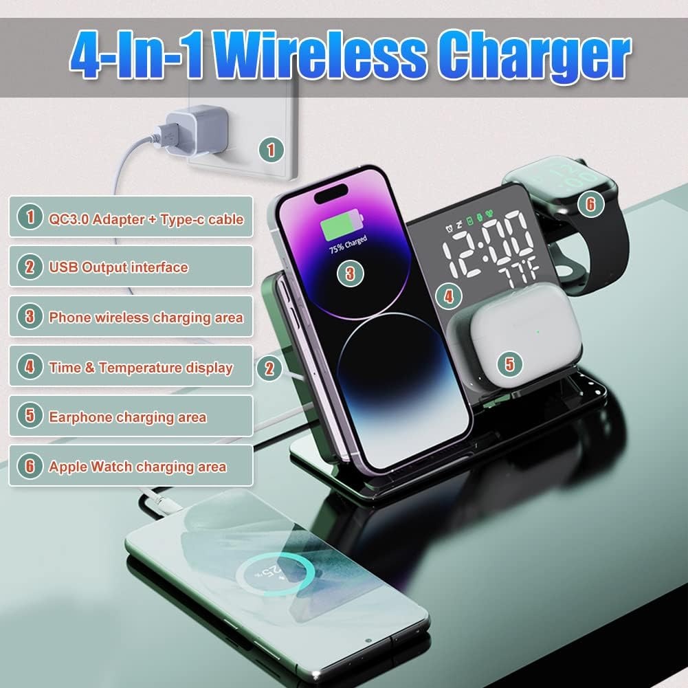 15W Four in One Wireless Charging Clock LED Digital Display Alarm Clock Temperature Display Wireless Charging - Korvel