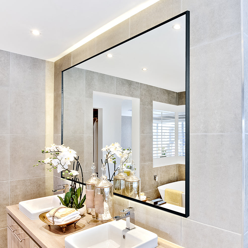 36x24 inch modern black bathroom mirror with aluminum frame decorative wall mirror suitable for living room, bedroom - Korvel