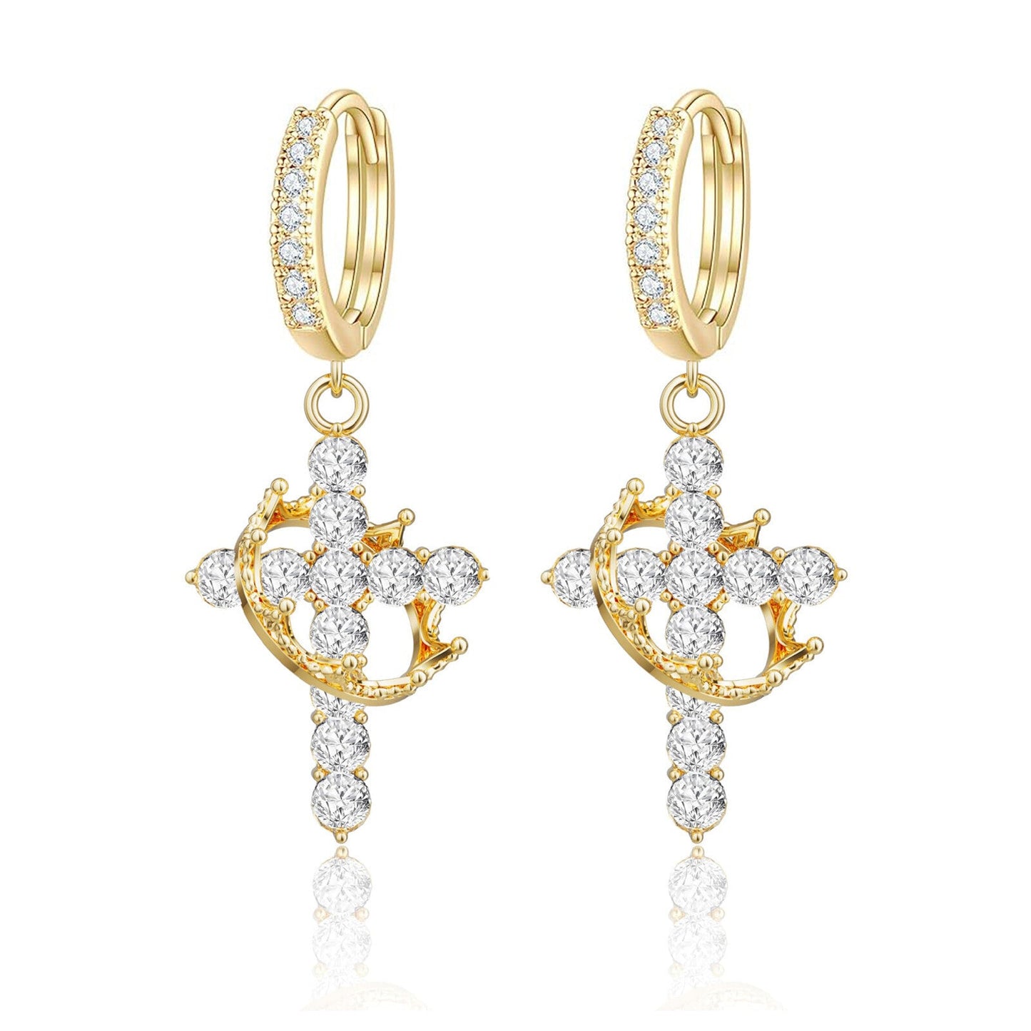 Rotating Crown Cross Earrings Set with Zircon - Korvel