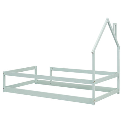 Twin Size Wood Bed with House-Shaped Headboard in Light Green