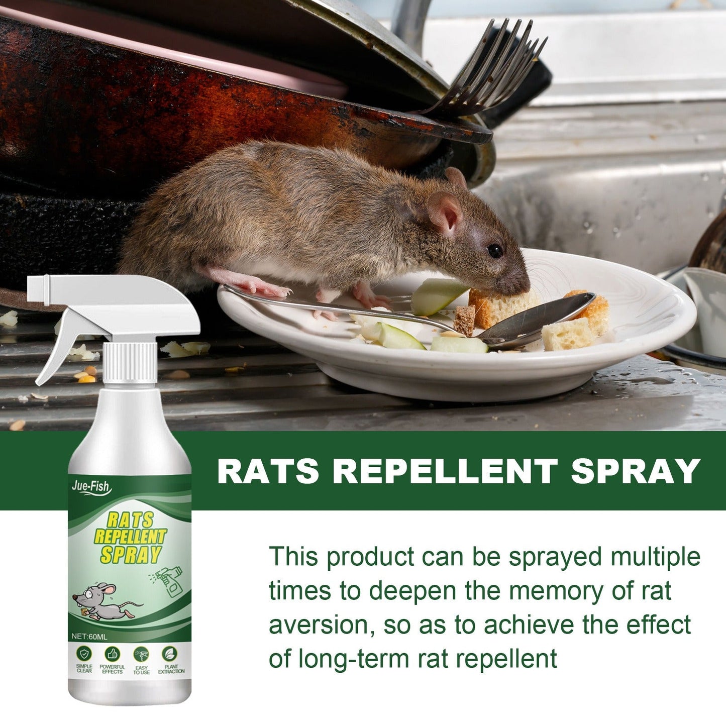 Jue Fish rats repellent spray car body kitchen office bedroom warehouse sewer pipe anti rat spray 60ml mouse repellent spray - Korvel