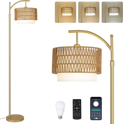 Gold Floor Lamps for Living Room with Remote & Dimmable LED Bulb, Modern Arc Floor Lamp with 3 Color Temperatures - Korvel