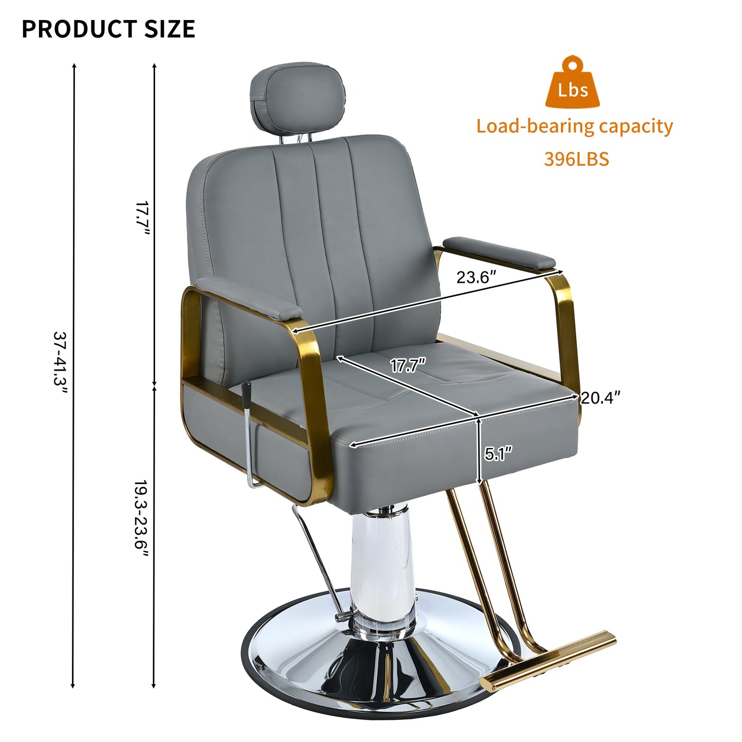 Advanced reclining hair salon chair with heavy-duty hydraulic pump, 360 ° rotation, maximum weight capacity of 400 pounds, Gray - Korvel