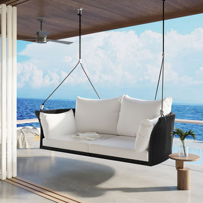 GO 51.9" 2-Person Hanging Seat, Rattan Woven Swing Chair, Porch Swing With Ropes, Black Wicker And White Cushion - Korvel
