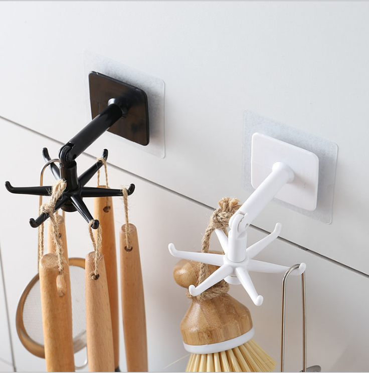 360 Degrees Rotated Kitchen Hooks Self Adhesive 6 Hooks Home Wall Door Hook Handbag Clothes Ties Bag Hanger Hanging Rack - Korvel
